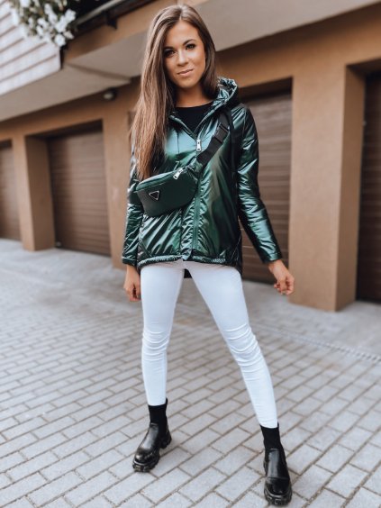 Sötétzöld fényes kabát övtáskával