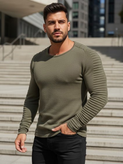 Khaki bordázott pulóver