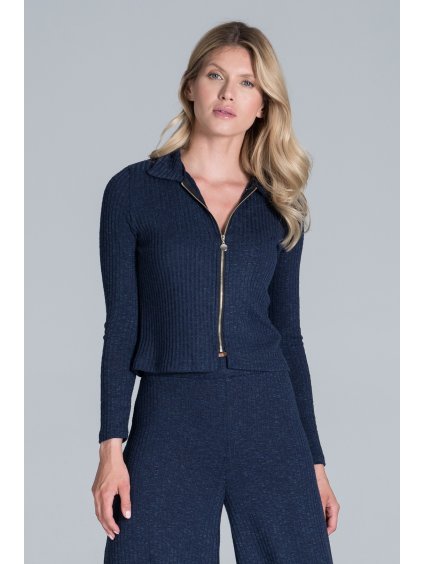 Sötétkék pulóver gallérral