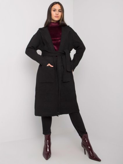 Fekete hosszú kötött kardigán övvel