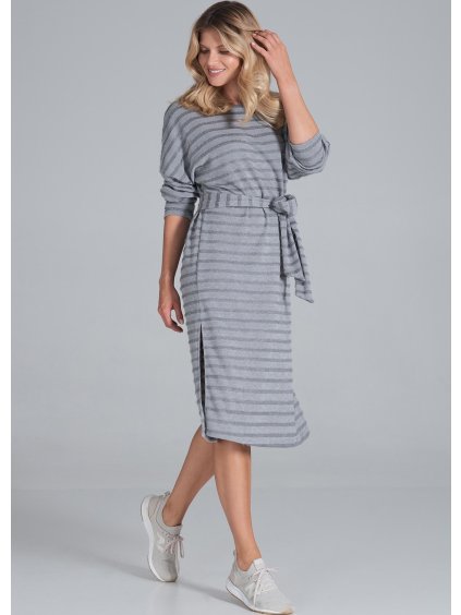 Szürke csíkos midiruha hosszú ujjakkal