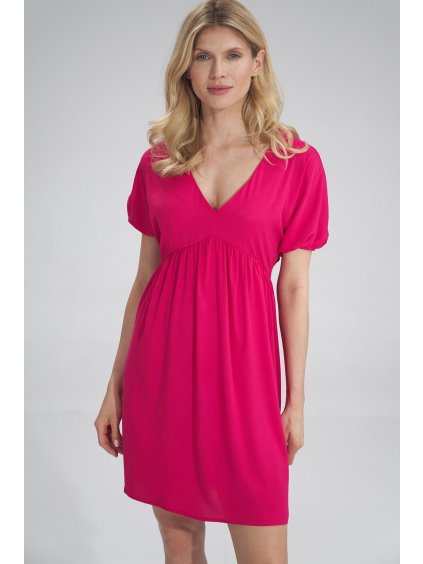 Fukszia színű ruha V-alakú nyakkivágással