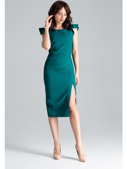 Zöld ruha felvágással és fodrokkal