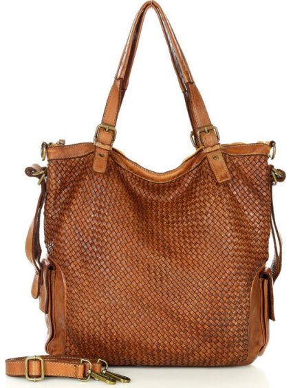 MARCO MAZZINI barna bőr shopper kézitáska kötött mintával