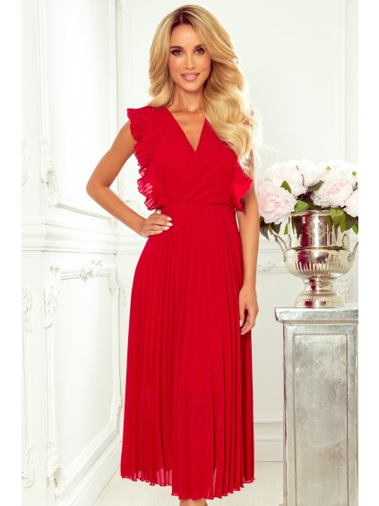 Elegáns piros ruha rakott szoknyával BRENDA