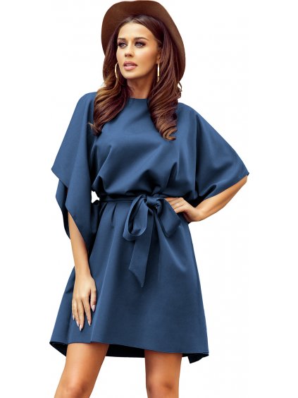 Elegáns kék ruha övvel NICOLA (Méret S/M)