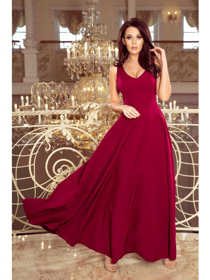 Hosszú bordó ruha mély nyakkivágással LUNA