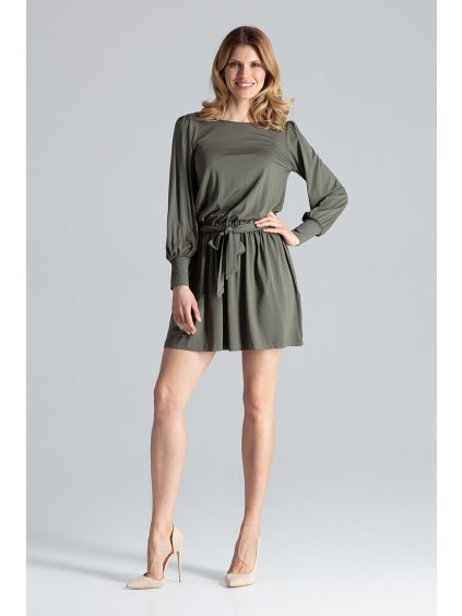 Olivazöld ruha rakott szoknyával