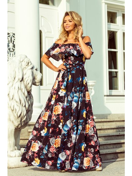 Hosszú fekete virágos ruha KATE