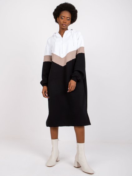 Fekete-fehér kapucnis midi pulóver ruha