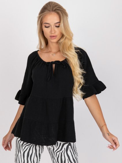 Fekete női bő redőzött póló