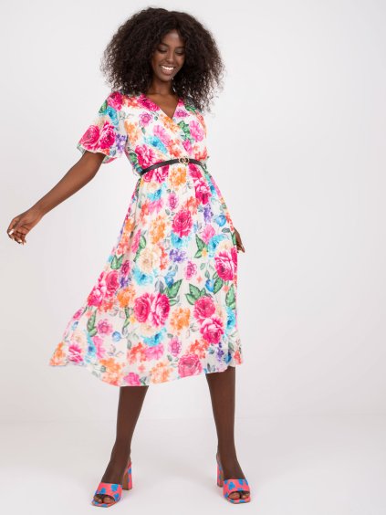 Bézs ruha színes virágmintával