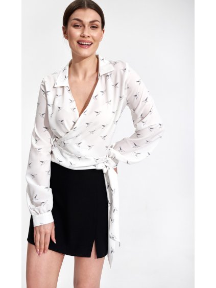 Krémszínű átlapolt madaras blúz