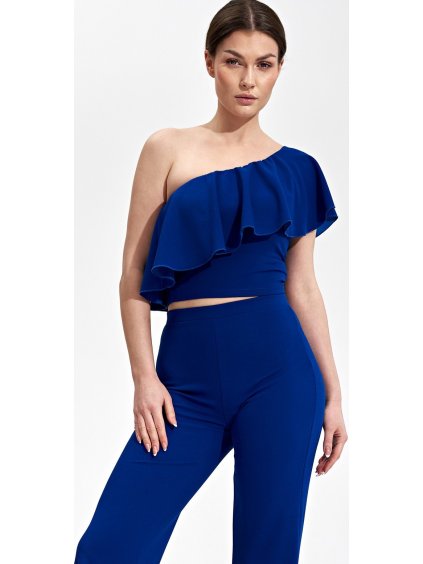 Zafír kék egyvállas fodros blúz