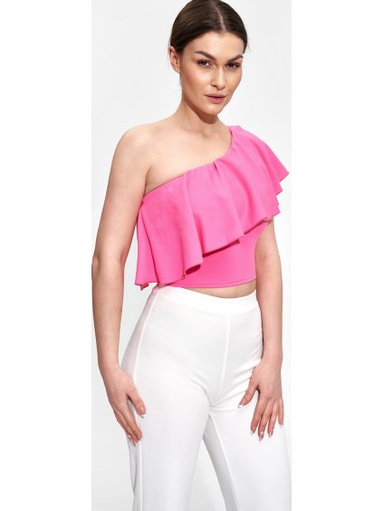 Rózsaszín egyvállas fodros blúz