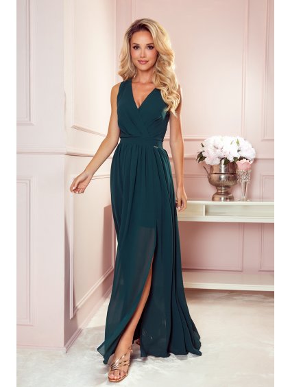 Hosszú zöld alkalmi ruha V-nyakkivágással GERDA