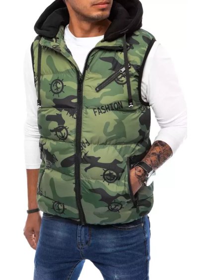 Zöld terepszínű steppelt mellény kapucnival