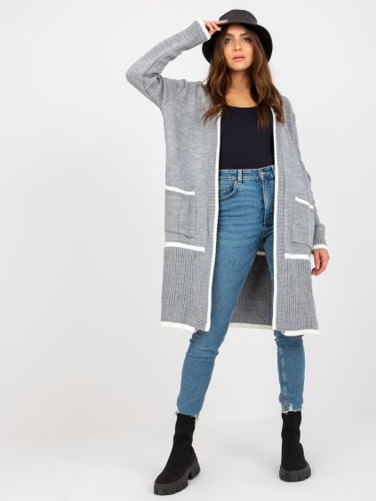 Szürke kardigán szegéllyel és zsebekkel
