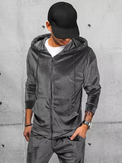 Szürke velúr kapucnis pulóver cipzárral