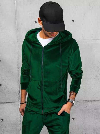 Sötétzöld velúr kapucnis pulóver cipzárral