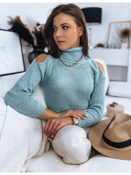 Világoskék garbó ARIEL S hasítottszabásy a vállán