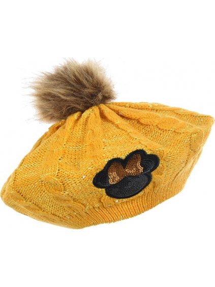 Mustárszínű csillámos beret Minnie pomponnal