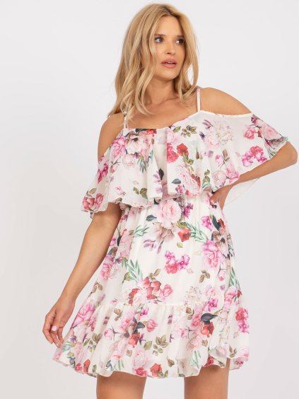 Világos bézs fodros virágos mini ruha