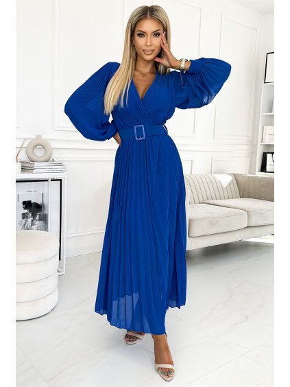 Rakott kék sifon ruha hosszú ujjakkal és övvel KLARA