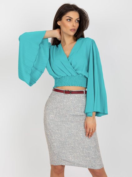 Türkiz elegáns blúz boríték nyakkivágással