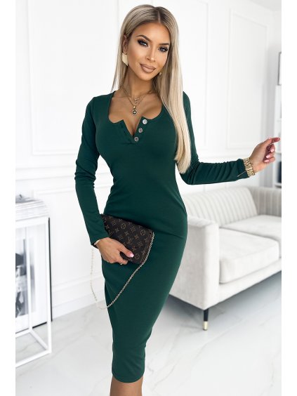 Elasztikus zöld ruha gombokkal a nyakkivágásnál BIBIANA