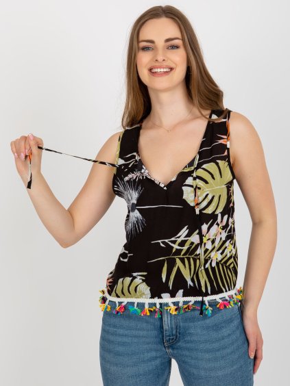 Fekete felső mintával és rojttal