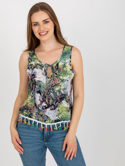 Zöld felső nyomtatással és rojtokkal