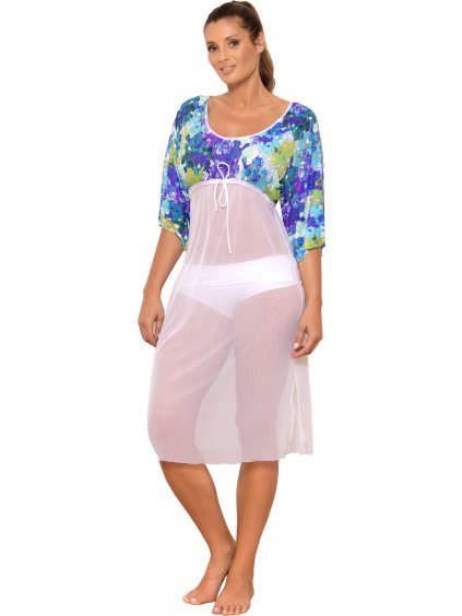 Virágos strandtunika fürdőruhához, fehér szoknyával Vivijen