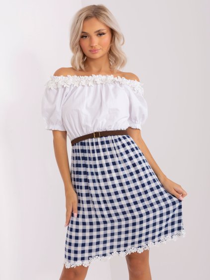 Fehér-kék pamut kockás ruha övvel