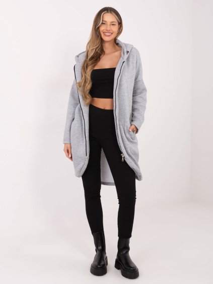 Világosszürke női hosszú cipzáras kapucnis pulóver