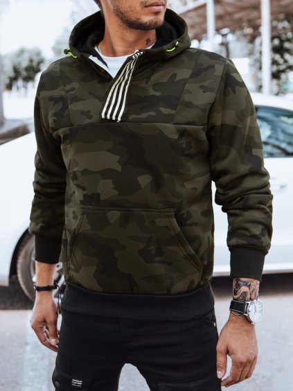 Zöld terepszínű férfi pulóver kapucnival