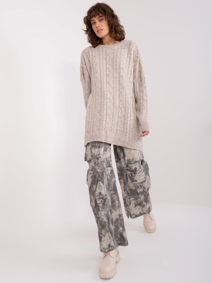 Bézs bő pulóver fonat mintával