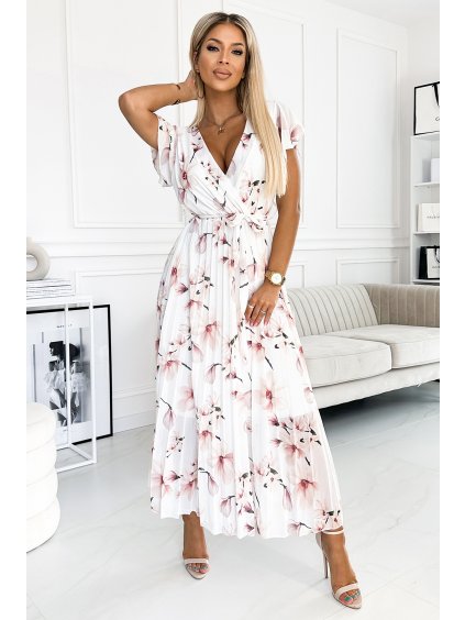 Fehér pliszírozott virágos midi ruha nyakkivágással és fodrokkal MEDIE