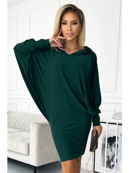 Sötétzöld denevérszárnyas ruha kapucnival PHILIPPA