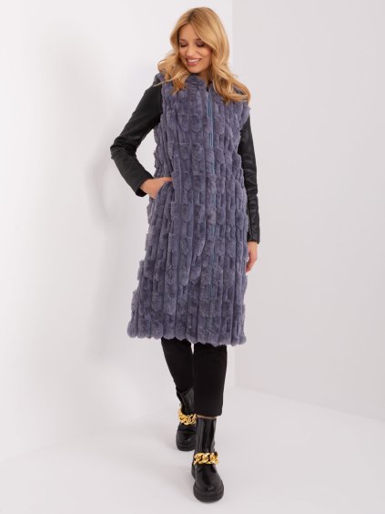 Sötétszürke midi szőrmés mellény