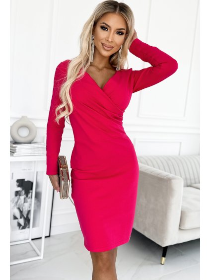 Elegáns fukszia színű ruha nyakkivágással és hosszú ujjakkal ELLE