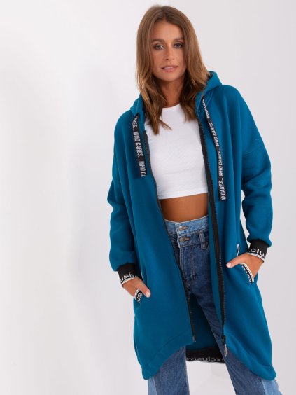 Kék hosszú pulóver kapucnival