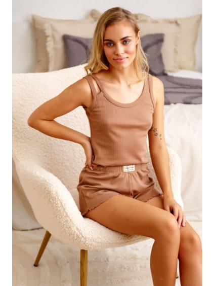 Barna rövid pizsama bordázott pamutból