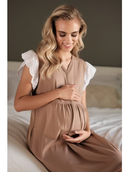 Bézs kismama ing organikus pamutból és csipkével