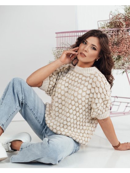 Bézs stílusos oversize pulóver PINGOL