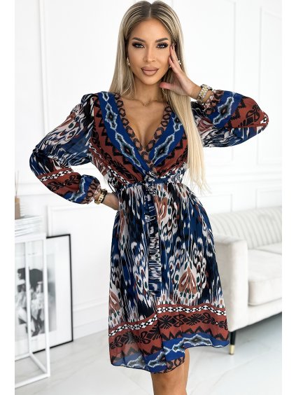 Kék-barna sifon ruha etnikai mintával
