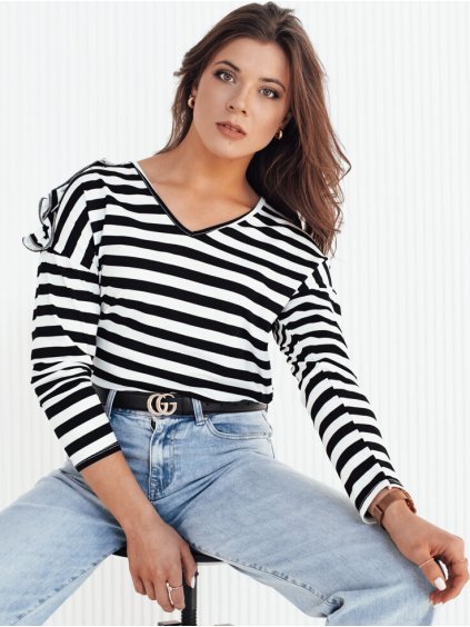Fekete-fehér csíkos póló fodrokkal a vállán HILAN