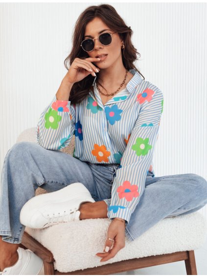 Kék-fehér csíkos oversize ing színes virágokkal PLANTINA
