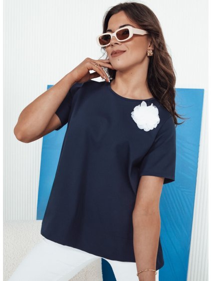 Sötétkék póló virágos applikációval BINDA