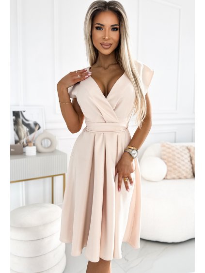 Világos bézs ruha átlapolt nyakkivágással SCARLETT